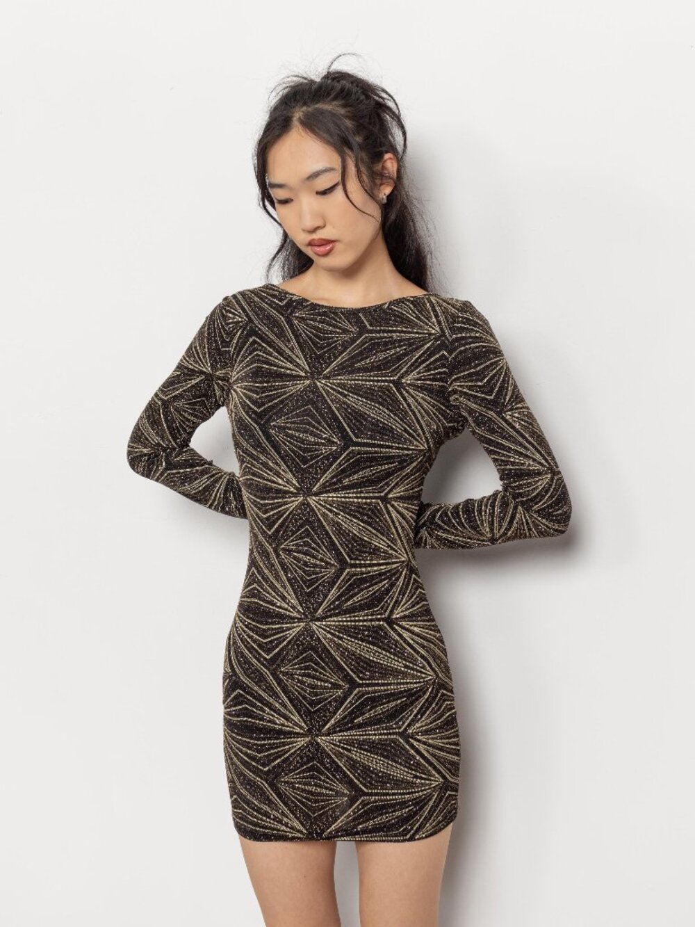 GLITTER SPARKLY Party Dress Vintage Bodycon Small Long Sleeves